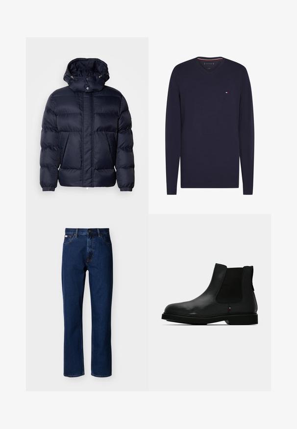 Chaqueta acolchada de color navy con un acabado texturizado, un cuello alto, capucha desmontable y dos bolsillos frontales. Cuenta con un cierre frontal de cremallera y botones a presión.; Camiseta de manga larga azul marino con cuello redondo y pequeño logo rojo, blanco y azul en el pecho izquierdo.; Vaqueros azul oscuro de corte recto hechos de mezclilla, con un diseño clásico de cinco bolsillos, costuras sutiles y cierre frontal con botón.; Botín Chelsea de cuero negro con paneles laterales elásticos, puntera redonda y parte superior texturizada. Cuenta con una suela de goma plana y un detalle sutil de marca.