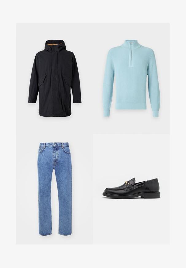 Μαύρο παρκά μπουφάν με κουκούλα, με φερμουάρ και κουμπί κλεισίματος, δύο μπροστινές τσέπες και απαλή εσωτερική επένδυση. Καθαρός, ευθύς σχεδιασμός.; Ανοιχτό μπλε ριμπ πουλόβερ με υψηλό γιακά, ημιδιακοπή με φερμουάρ, μακριά μανίκια και εφαρμοστή τελική ραφή, κατασκευασμένο από απαλό, υφασμάτινο ύφασμα με υφή.; Won Hundred STEVE - Τζιν χαλαρής εφαρμογής - cut blue; Μαύρες δερμάτινες loafers με στρογγυλή μύτη, διακοσμημένες με χρυσά αξεσουάρ και λεπτομέρειες ραφής, τοποθετημένες σε χαμηλή, υφασμάτινη ελαστική σόλα.