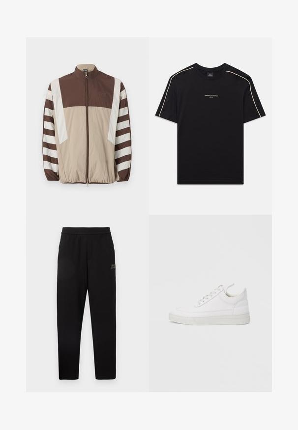 Veste coupe-vent marron et beige avec des rayures blanches, col montant, fermeture éclair, poignets élastiques et un logo sur la poitrine gauche.; T-shirt en coton noir à manches courtes, col rond, avec des coutures d'accent beige sur les épaules et le logo ARMANI EXCHANGE au centre.; Pantalons de survêtement noirs ajustés avec taille élastique et petit logo imprimé sur la cuisse supérieure gauche.; Baskets en cuir blanc avec un embout arrondi, une semelle plate et un laçage à l'avant. Présentent des détails de couture et un col rembourré pour plus de confort.