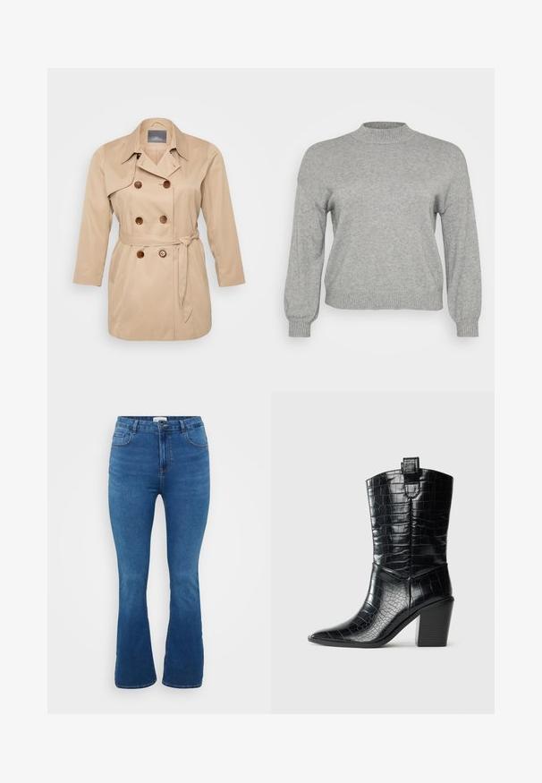Beige trenchcoat mit einem doppeltknöpfigen Design, großen Revers und braunen Knöpfen. Mit gebundenem Taillenbereich und langen Ärmeln. Glatte Stofftextur.; Hellgrauer, gestrickter Pullover mit langen Ärmeln, geripptem Rundhalsausschnitt, Bündchen und Saum, auf einem weißen Hintergrund präsentiert.; Jeans mit Weitbein-Design in Mittelblau, mit hoher Taille, Fronttaschen und einer glatten Textur mit minimalen Nahtdetails.; Schwarzer western Stiefel bis zur Mitte der Wade mit spitzer Zehe, Blockabsatz und glänzendem, krokodilgeprägtem Leder in Kontrast zu einem weißen Hintergrund.
