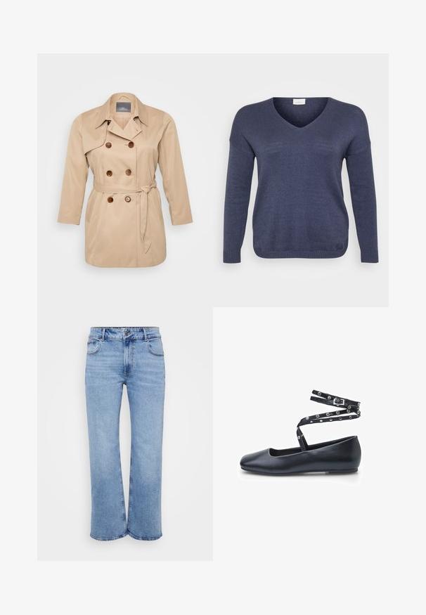 Beige trenchcoat med dobbeltknapning, store revers og brune knapper. Har en bindebånd i taljen og lange ærmer. Glat stofstruktur.; Marineblå strikketrøje med V-hals, lange ærmer og ribbede manchetter. Materialet virker blødt med en fin tekstur. Ingen synlige mønstre.; Lysblå vidde jeans lavet af denim, med fem lommer, en frontlynlås og en knaplukning. Subtile syninger langs sømmene.; Sorte læder balletflade sko med rund tå og en rem med sølvnitter. Simpelt, glat tekstur og lav flad hæl.