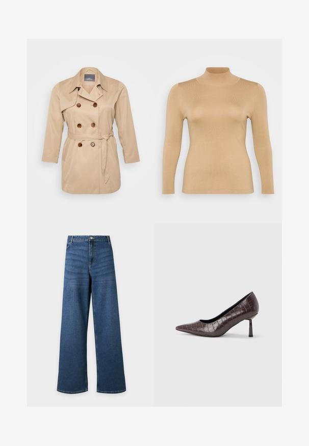 Beige trenchcoat med dobbeltknapning, store revers og brune knapper. Har en bindebånd i taljen og lange ærmer. Glat stofstruktur.; Beige rullekravebluse med lange ærmer, ribbet tekstur, tætsiddende design og høj krage. Glat materiale uden synlige udsmykninger.; Blå vidde-benet denim jeans med frontknap og lynlås, forlommer og bæltestropper, vist fladt mod en lys baggrund.; Brune kunstlæder stiletter med spidse tæer og krokodilletekstur, der har en slank, vinklet hæl og en glat inderside.