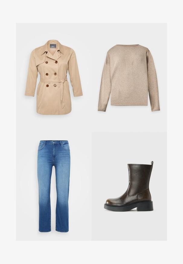 Beige trenchcoat mit einem doppeltknöpfigen Design, großen Revers und braunen Knöpfen. Mit gebundenem Taillenbereich und langen Ärmeln. Glatte Stofftextur.; Beiger Langarm-Strickpullover mit rundem Ausschnitt sowie gerippten Bündchen und Saum, dargestellt vor einem einfarbigen hellen Hintergrund.; Hellblaue Jeans aus Denim mit geradem Schnitt, Fünf-Taschen-Design und einem ausgeblichenen Effekt am Saum. Knopfverschluss an der Taille.; Dunkelbrauner Lederstiefel bis zur Mitte des Waden mit runder Spitze, dickem schwarzen Sohlen, niedrigem Blockabsatz und einer Zuglasche auf der Rückseite.