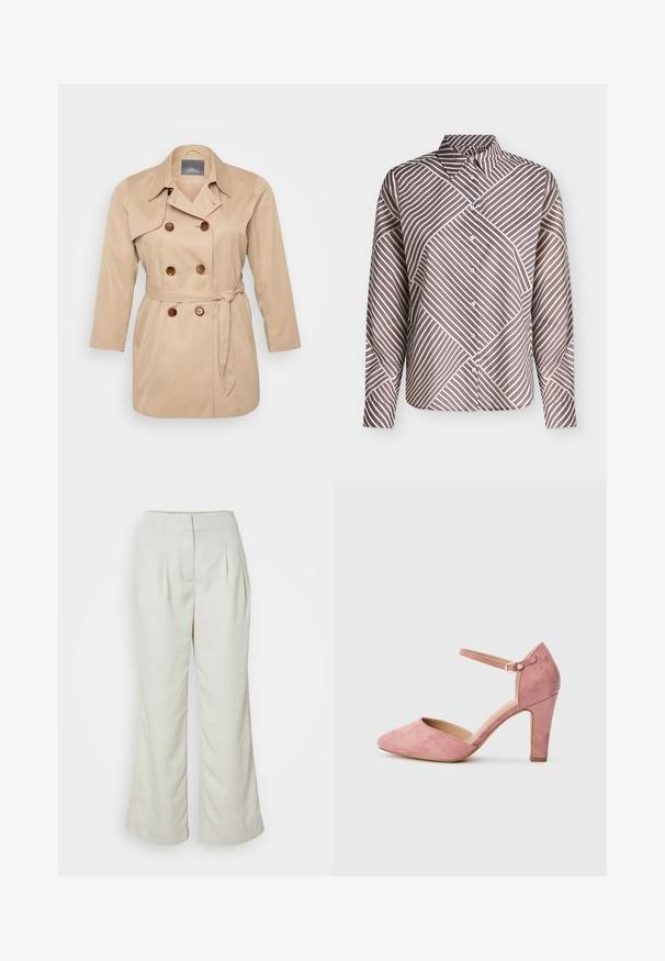 Beige trenchcoat med dobbeltknapning, store revers og brune knapper. Har en bindebånd i taljen og lange ærmer. Glat stofstruktur.; Skjorte med knapper og lange ærmer med brune og hvide diagonale striber, der danner et geometrisk mønster og en spids krave.; Lysebeige høj talje bukser med stribede mønstre, folder foran, brede ben og opbrettede manchetter. Lavet af glat, blødt stof.; Lyserød ruskindssko med høje hæle og spids tå, ankelrem med spænde i guld samt en struktureret overdel, der hviler på en tilspidset hæl.