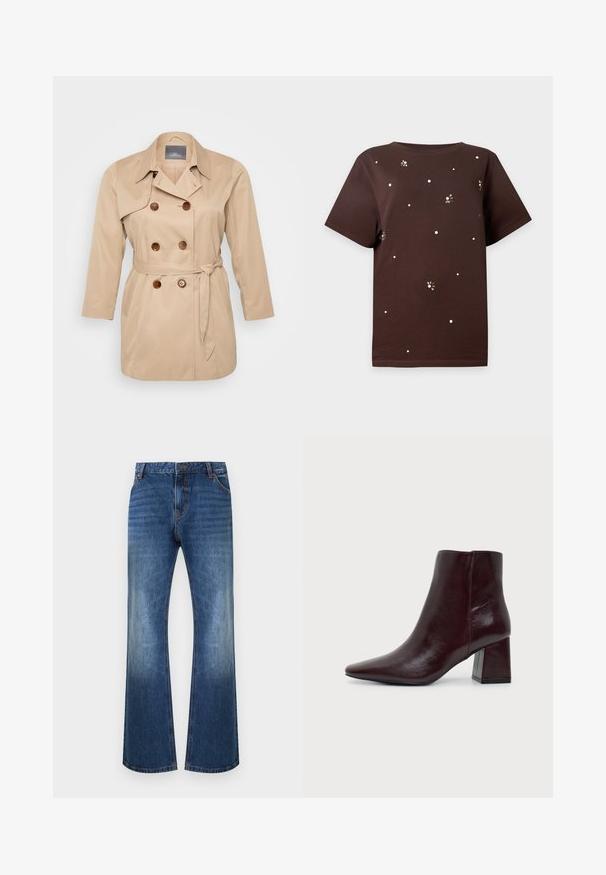 Beige trenchcoat mit einem doppeltknöpfigen Design, großen Revers und braunen Knöpfen. Mit gebundenem Taillenbereich und langen Ärmeln. Glatte Stofftextur.; Braunes T-Shirt mit kurzen Ärmeln und kleinen weißen Punkten sowie bienenähnlichen Mustern, die vorne und an den Ärmeln verteilt sind.; Blaue Denim-Jeans mit leicht ausgestelltem Bein, ausgebleichten vorderen Oberschenkeln, Vordertaschen und orangen Nähten, flach auf weißem Hintergrund liegend.; Dunkelbrauner Lederknöchelstiefel mit spitzer Spitze und Blockabsatz vor einem schlichten hellgrauen Hintergrund.