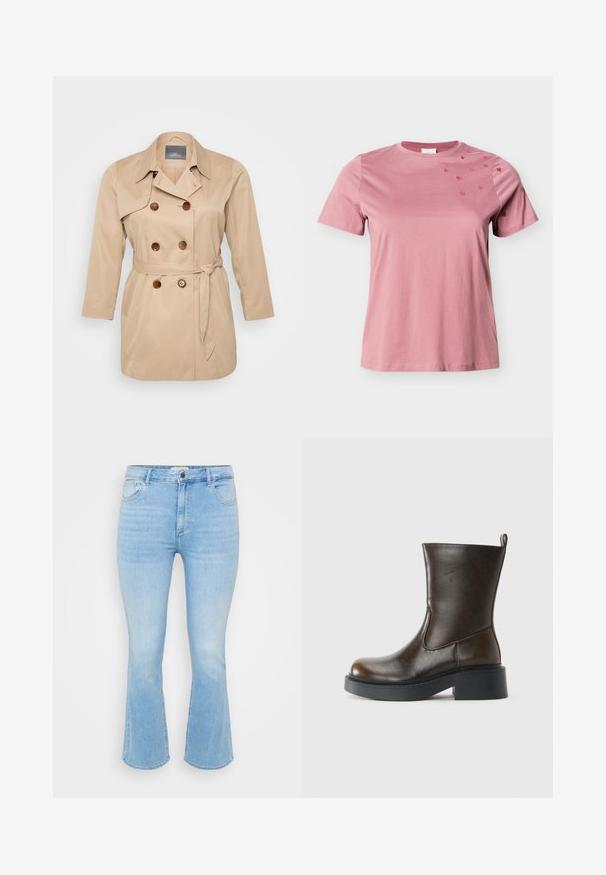 Beige trenchcoat mit einem doppeltknöpfigen Design, großen Revers und braunen Knöpfen. Mit gebundenem Taillenbereich und langen Ärmeln. Glatte Stofftextur.; Weiches, rosa T-Shirt mit kurzen Ärmeln, rundem Ausschnitt und kleinen, dunkleren rosa Herzmotiven, die auf der rechten Schulter und dem Ärmel verteilt sind.; Hellblaue Jeans aus Denim mit schmaler Taille, ausladendem Hosenbein, fünf Taschen Design und dezentem Verblassen in der Stoffstruktur.; Dunkelbrauner Lederstiefel bis zur Mitte des Waden mit runder Spitze, dickem schwarzen Sohlen, niedrigem Blockabsatz und einer Zuglasche auf der Rückseite.