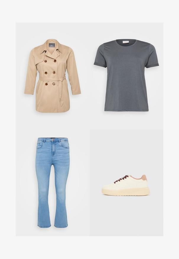 Beige trenchcoat med dobbeltknapning, store revers og brune knapper. Har en bindebånd i taljen og lange ærmer. Glat stofstruktur.; Grå kortærmet T-shirt lavet af blødt stof, med en klassisk rund halsudskæring og oprullede ærmer. Glat tekstur uden synlige mønstre.; Lyseblå flagrende jeans i denim af bomuld. Features høj talje, fem lommer og synlige sømme langs sømme og kant.; Beige lavt skindesko med tyk sål, perforeret tå, lyserød hælkant og mørkebrune snørebånd på ensfarvet lysegrå baggrund.