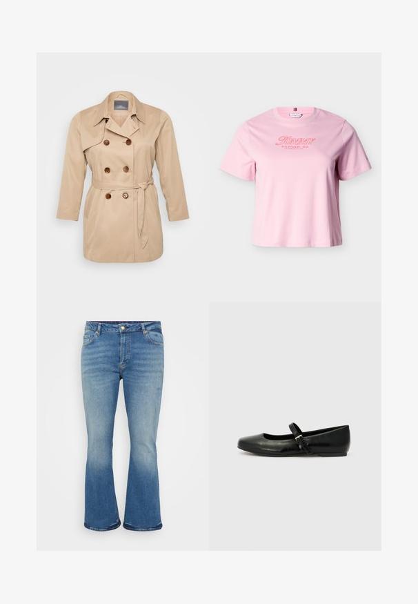 Beige trenchcoat med dobbeltknapning, store revers og brune knapper. Har en bindebånd i taljen og lange ærmer. Glat stofstruktur.; Lyserød T-shirt med korte ærmer og "Tommy Hilfiger, Co. Los Angeles, CA, USA" tekst i rødt på brystet.; Lyseblå flagrende jeans med denimtekstur, fem-lomme design, messingknap lukning og falming på lår og underben.; Sorte læder balletflade med rund tå, flad sål og en tynd justerbar rem over svangen med en metalspænde.