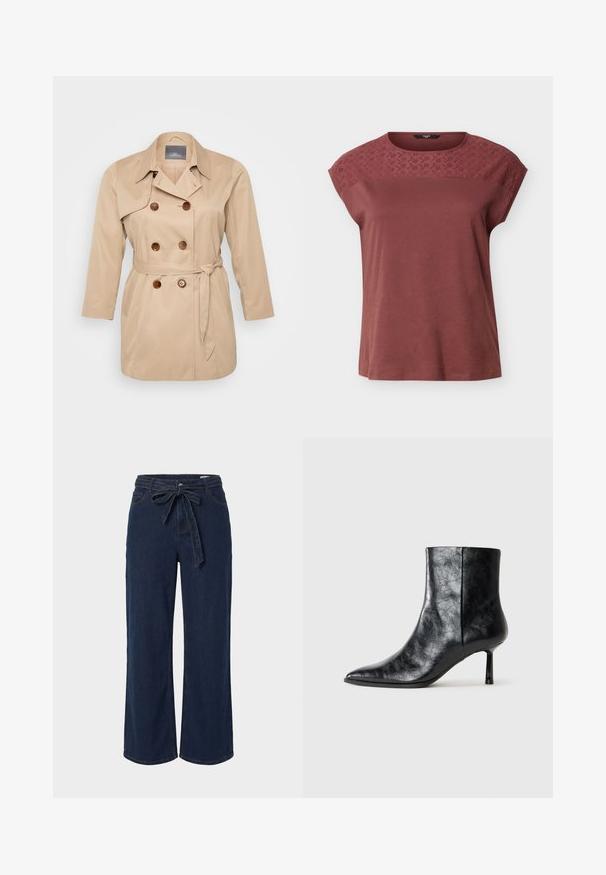 Beige trenchcoat med dobbeltknapning, store revers og brune knapper. Har en bindebånd i taljen og lange ærmer. Glat stofstruktur.; Kortærmet mauve top med broderet blomsterblonde på tværs af øverste del af brystet og skuldrene, rund halsudskæring, løs pasform.; Mørkeblå denimbukser med vide ben, forlommer og et stofbælte bundet i en sløjfe i taljen.; Sort læder ankelstøvle med spids tå og en tynd, kort hæl. Har en tekstureret overflade og et rent design med en sømløs side.