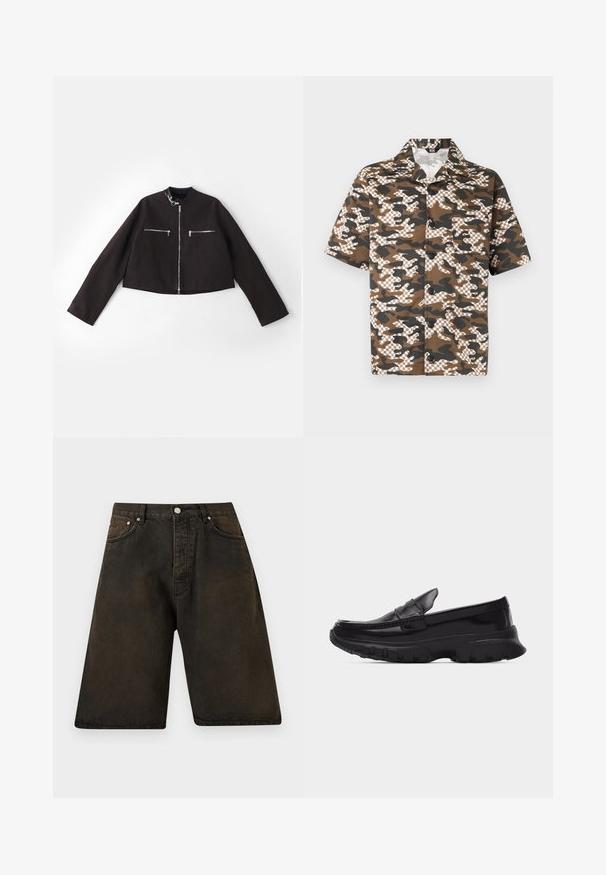 Sort cropped jakke lavet af tekstureret stof, med sølv lynlåse på forlommerne, en rund krave og lange ærmer.; Kortærmet skjorte med knapper foran i et camouflagemønster i brun, sort og hvid samt ternet mønster og en enkelt brystlomme.; Sorte denim knælange shorts med forlommer, bæltestropper og knaplukning mod en ensfarvet baggrund.; Sort skinnende loafer med tyk tekstureret sål og syningdetaljer, sideprofil på ensformig lysegrå baggrund.