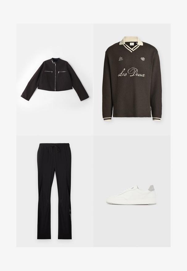 Sort cropped jakke lavet af tekstureret stof, med sølv lynlåse på forlommerne, en rund krave og lange ærmer.; Mørkebrun langærmet sweater med vaffelstrik, cremefarvet krave, stribede manchetter og broderet tekst "Les Deux" og "Est. 2011" foran.; Sorte bukser med lige ben, elastisk talje og snøre, med diskrete lodrette syninger og logo tekst på det nederste venstre ben.; Hvid lavtop-sneaker med gråt hælflig, hvide snørebånd og tekstureret sål, vist på en ensfarvet lys baggrund.