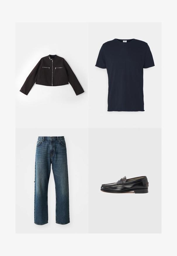 Sort cropped jakke lavet af tekstureret stof, med sølv lynlåse på forlommerne, en rund krave og lange ærmer.; Marineblå bomulds t-shirt med rund hals og korte ærmer, med en glat tekstur og enkel design, uden synlige mønstre eller accenter.; NN.07 OTIS - Jeans Straight Leg - stonewashed; Sorte læderloafers med moccasin-design, der har en dekorativ bånd og syningsdetaljer på overdelen. Lav blokhæl.