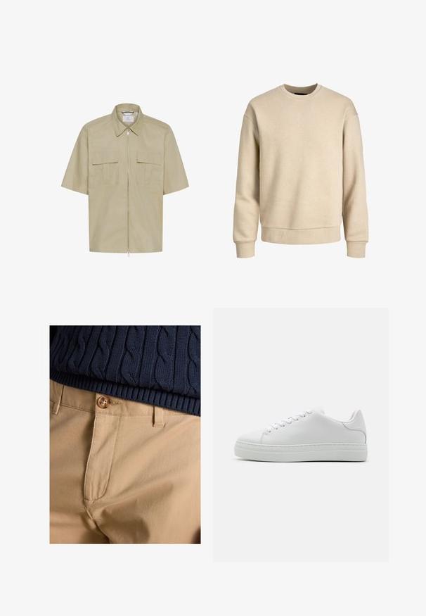 Lyhythihainen, kauluksellinen paita vaalean beigestä kankaasta, jossa edessä vetoketjusulku ja kaksi rintataskua läppäsomistein. Sileä pinta.; Beige huppari, joka on valmistettu pehmeästä kankaasta, jossa on pyöreä pääntie, pitkät hihat sekä ribbikuvioidut hihansuut ja helma rentoa istuvuutta varten.; Läheltä otettu kuva beigestä napillisesti sulkeutuvasta housuista, joita koristaa tummansinisellä palmikkoneuleella varustetun villapaidan helma.; Valkoinen nahkakenkä paksulla platform-pohjalla, pyöreällä varvolla ja kuudella nauhalla. Silkkinen pinta, jossa on hienovaraisia ompelutietoja.