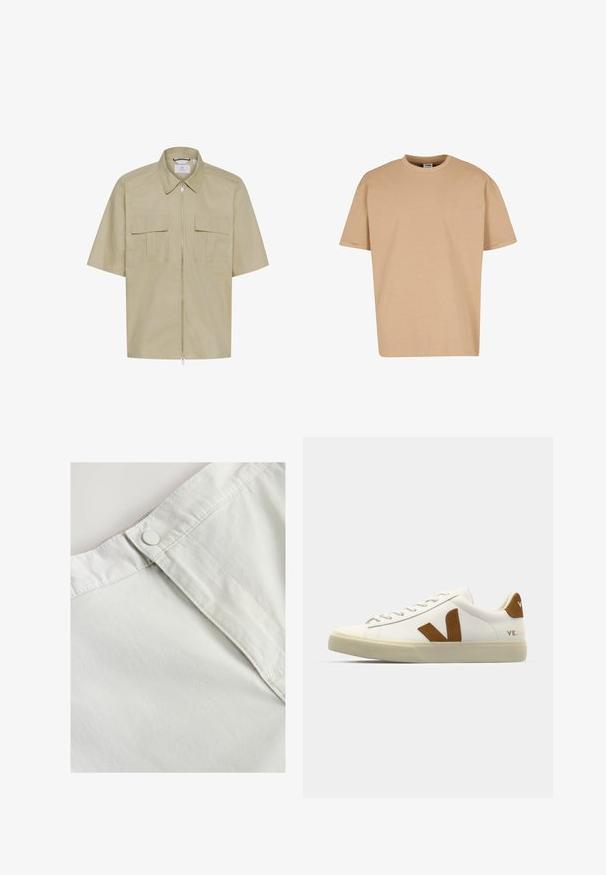 Lyhythihainen, kauluksellinen paita vaalean beigestä kankaasta, jossa edessä vetoketjusulku ja kaksi rintataskua läppäsomistein. Sileä pinta.; Urban Classics CUFF TEE - T-paita - unionbeige; Valkoinen puuvillakangas, jossa on nappikiinnitys vyötäröllä, ja siinä on hienoinen rakenne sekä ommellut yksityiskohdat saumoissa.; Valkoinen nahkainen tennari, jossa on ruskea nupukista valmistettu V-logo, pyöreä kärki, litteä nauhakiinnitys ja teksturoitu pohja pidon parantamiseksi.