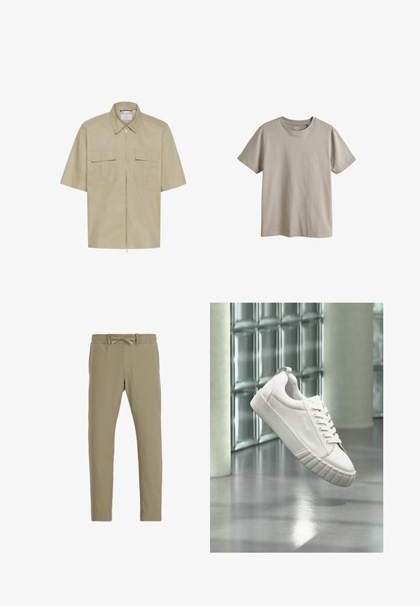 Kortærmet skjorte med krave i lysebeige stof med front-lynåbning og to brystlommer med klapdetaljer. Glat tekstur.; Ensfarvet beige T-shirt med korte ærmer og rund hals, vist fladt uden mønstre eller logoer på forsiden.; Lyse kaki bukser med elastisk talje, forlommer og en snørredetalje. Stoffet virker glat og strækbart.; Hvid lav sneakers med tekstureret sål og snørebånd, ophængt foran glasblokvæg og lyse søjler på poleret gulv.