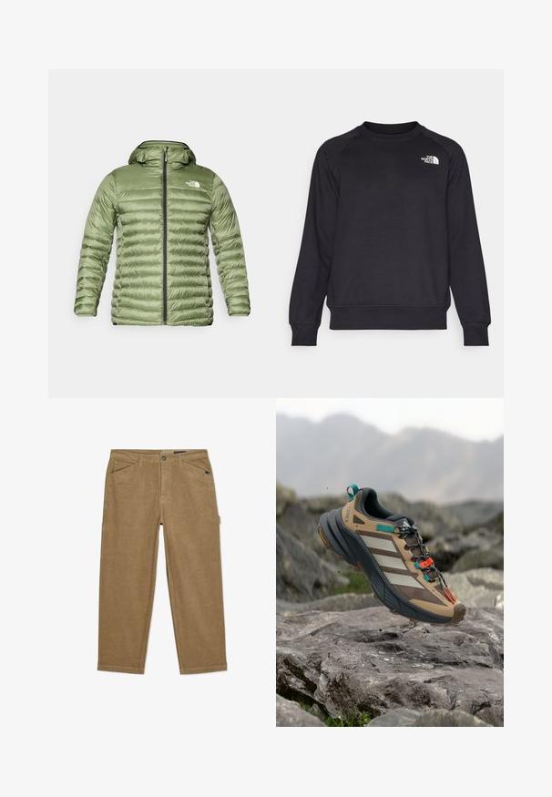 Oliven grøn pufferjakke med hætte, med et quiltet design, lynlåslukning og logoaccent på den øverste venstre side.; Sort sweatshirt med ribbet rund hals, lange raglanærmer og et lille hvidt logo på venstre bryst. Lavet af blødt, holdbart stof.; Herrebuks i brun kordfløjl med lige ben, praktiske sidelommer, bæltestropper, knaplukning og forlommer med skrå åbning på hvid baggrund.; Brun og grå løbesko med hvide striber, orange og turkis accenter, tekstureret mesh-materiale og robust sål for bedre greb.