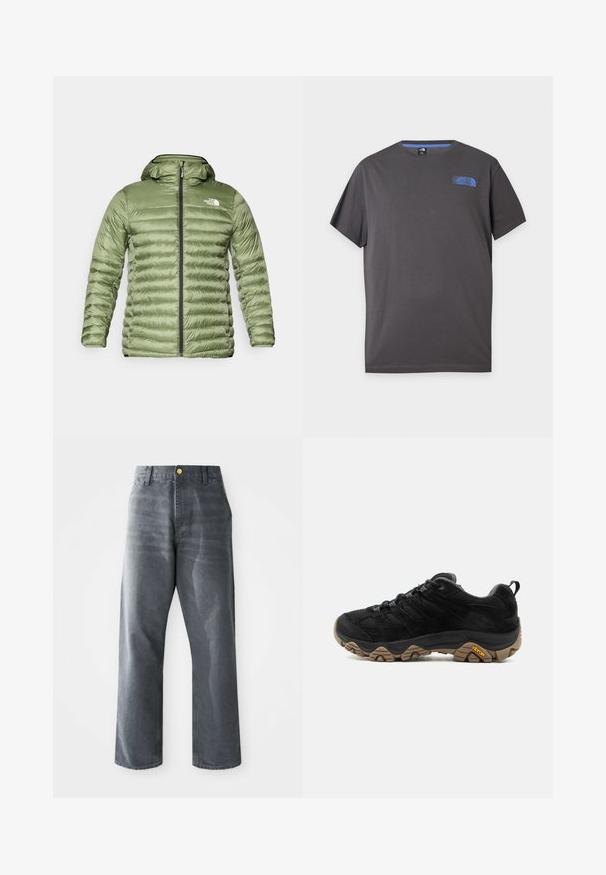 Oliven grøn pufferjakke med hætte, med et quiltet design, lynlåslukning og logoaccent på den øverste venstre side.; Mørkegrå T-shirt med korte ærmer og rund hals med lille blå The North Face-logo på øverste venstre bryst mod hvid baggrund.; Sorte løse herrejeans i grådenim med brede ben, fremadskuende lommer og en enkelt synlig guldknap i taljen.; Sort vandrestøvle med robust brun Vibram-sål, mesh og ruskindsoverdel, snørelukning og bageste trækskinnel, vist fra ydersiden.