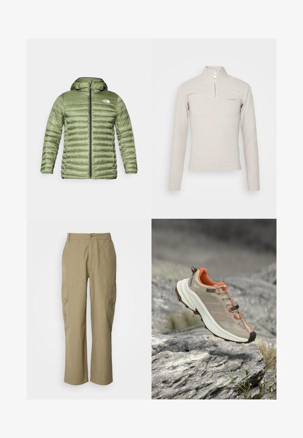 Oliivroheline puffjakker kapuutsiga, millel on tikandikujundus, tõmbluku kinnitamine ja logosilmus vasakul ülal.; Han Kjøbenhavn LOGO HALF ZIP SHARP LONG SLEEVE - Pikkade varrukatega topp - grey; Beežid cargo-püksid, mis on valmistatud kergest kangast, sisaldavad kahte küljetaskut, nööbiga sulgemist ja sirget lõiget.; Beež ja oranž matkasaabas paksu tallaga, GORE-TEX silt ja "TERREX" brändinguga, kujutatud üle kivise maastiku.