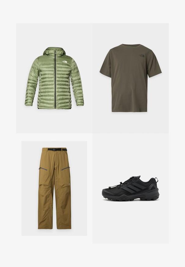 Oliven grøn pufferjakke med hætte, med et quiltet design, lynlåslukning og logoaccent på den øverste venstre side.; En simpel olivengrøn t-shirt med korte ærmer og et lille sort The North Face-logo på øverste venstre bryst.; Khaki udendørs bukser med sort justerbart bælte, to lynlåslommer på låret og knæsyninger, vist på en ensfarvet baggrund.; Sort atletisk sko med en tekstureret mesh-overdel, kontrasterende syntetiske accenter og en robust gummisål. Har et sikkert snøresystem og bageste loop.