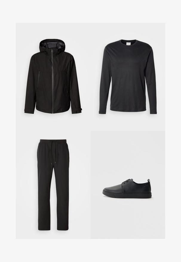 Schwarze leichte Jacke mit Kapuze, Reißverschluss, zwei Reißverschlusstaschen an den Seiten und verstellbaren Ärmelriemen. Glatte Textur, modernes Design.; Schwarzes Langarm-Shirt mit Rundhalsausschnitt von Calvin Klein, mit kleinem CK-Logo auf der linken Brust, auf einem schlichten weißen Hintergrund präsentiert.; Schwarze Jogginghosen aus leichtem Stoff, mit einem elastischen Bund und verstellbaren Kordeln sowie Seitentaschen. Glatte Textur.; Schwarze Leder-Sneaker mit glatter Oberfläche, abgerundeter Zehenpartie, gleichfarbiger Nähte, schnürbarem Vorderteil und flacher Gummisohle. Schlaufe an der Ferse.