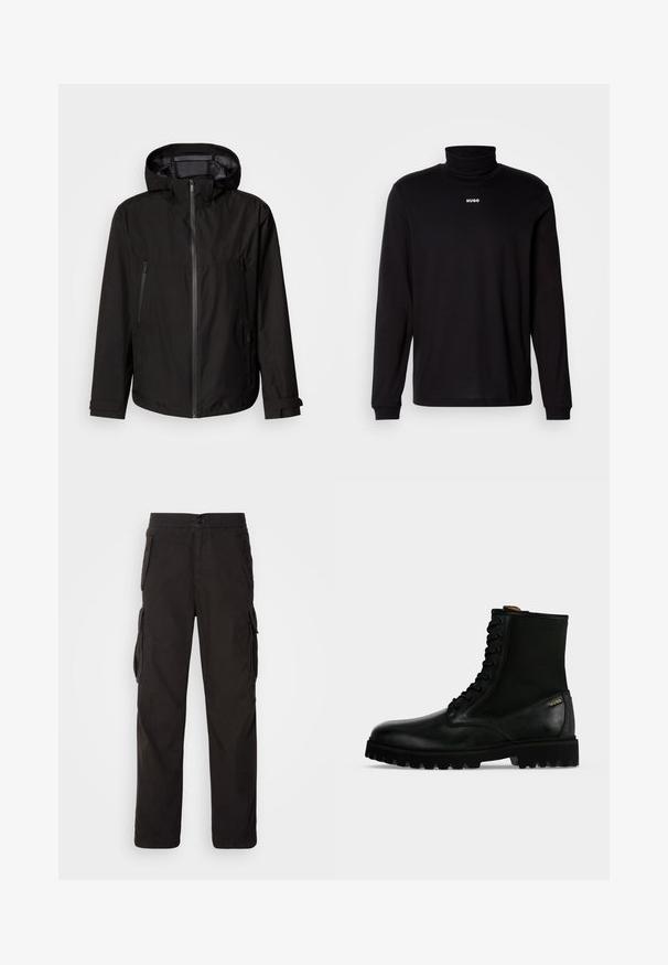 Schwarze leichte Jacke mit Kapuze, Reißverschluss, zwei Reißverschlusstaschen an den Seiten und verstellbaren Ärmelriemen. Glatte Textur, modernes Design.; Schwarzes Langarm-Turtleneck-Shirt aus glattem Stoff, mit einem weißen "HUGO"-Logo auf der Brust, eng anliegend an den Bündchen und dem Saum.; Schwarze Cargo-Hose mit geradem Schnitt, elastischem Bund, mehreren Seitentaschen und einem strukturierten Stoff für hohe Langlebigkeit.; Schwarzer Leder- und Stoffschnürstiefel mit dicker Profilsohle und kleinem goldfarbenem Logo an der Seite.
