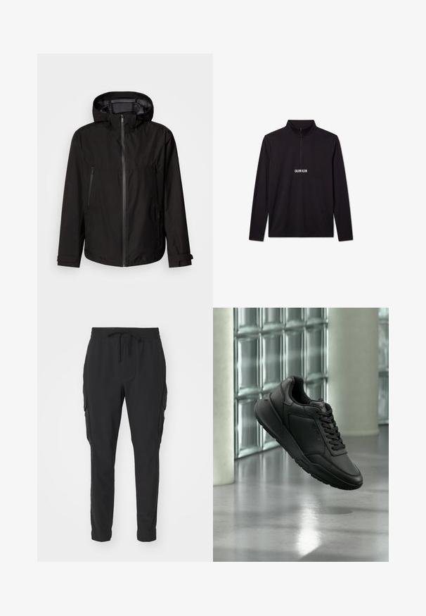 Chaqueta ligera negra con capucha, cierre de cremallera, dos bolsillos laterales con cremallera y tiras ajustables en los puños. Textura suave, diseño moderno.; Jersey de manga larga negro de Calvin Klein con cremallera de cuarto y logo blanco impreso en el pecho.; Pantalones cargo negros de tela ligera. Cintura elástica con cordón. Diseño de pierna ajustada y bolsillos laterales. Textura suave.; Zapatilla negra de cuero con cordones flotando sobre un suelo gris reflectante con fondo de una pared de bloques de vidrio.