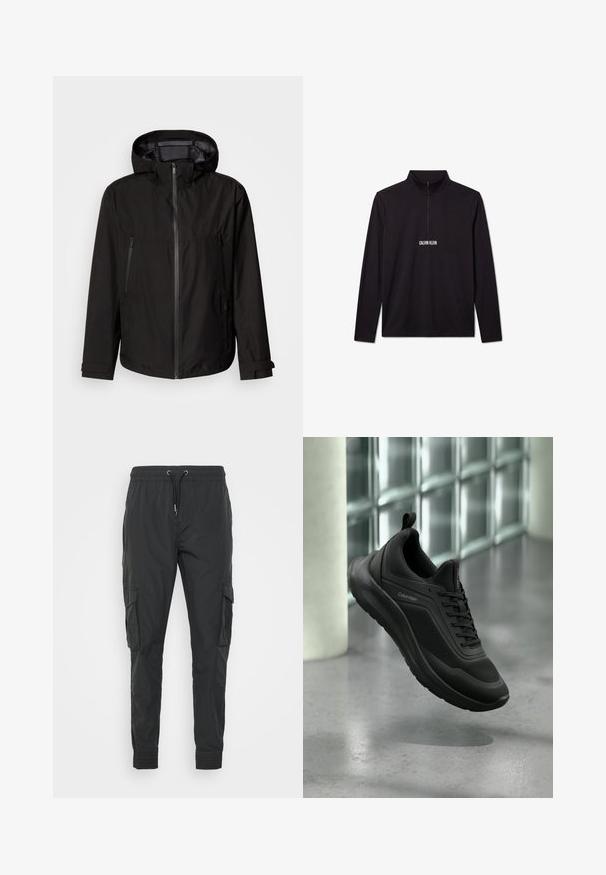 Sort letvægtsjakke med hætte, lynlås lukning, to lynlåslommer på siden og justerbare manchetter. Glat tekstur, moderne design.; Sort Calvin Klein pullover med lange ærmer, kvart lynlås og hvidt logo trykt på brystet.; Sorte cargo bukser lavet af letvægtsstof, med en justerbar snøre i taljen, elastiske manchetter og to sidelommer.; Sort Calvin Klein-sneaker med mesh og syntetisk overdel, tyk sål og snørebånd, der svæver over et gråt gulv nær glasblokke.