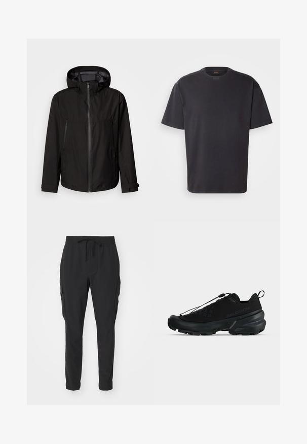 Sort letvægtsjakke med hætte, lynlås lukning, to lynlåslommer på siden og justerbare manchetter. Glat tekstur, moderne design.; Sort kortærmet T-shirt lavet af bomuld, med rund halsudskæring og subtil branding ved kraven. Glat tekstur med en afslappet pasform.; Sort cargo-bukser i letvægtsstof. Elastisk talje med snøre. Taperet ben-design og sidelommer. Glat tekstur.; Sort lavtstående Salomon-sneaker med robust sål, hurtigt snøresystem og diskret mærkelogo på siden.