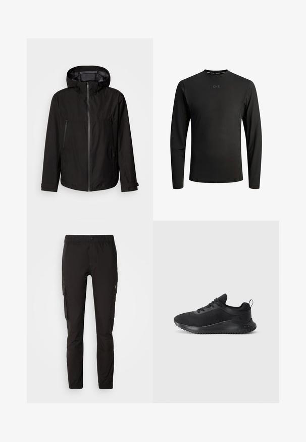Chaqueta ligera negra con capucha, cierre de cremallera, dos bolsillos laterales con cremallera y tiras ajustables en los puños. Textura suave, diseño moderno.; Camisa de manga larga en negro, hecha de una tela suave y elástica. Presenta un cuello redondo y un sutil estampado en el pecho y el cuello.; Pantalones cargo negros hechos de una tela ligera, con una cintura elástica, bolsillos laterales y piernas ajustadas con puños ajustables.; Zapatillas deportivas negras con parte superior de malla, diseño aerodinámico, suela redondeada y suela de goma texturizada con un pequeño logotipo en el lateral.