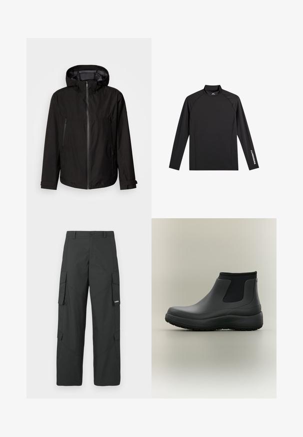 Veste légère noire avec capuche, fermeture éclair, deux poches latérales zippées et poignets ajustables. Texture lisse, design moderne.; Haut de sport noir à manches longues avec col montant, coupe ajustée, et logo blanc "J.Lindeberg" sur la manche gauche et le col.; Pantalons cargo noirs à jambes droites avec poches latérales à rabat, fermeture à bouton, passants de ceinture et petit logo blanc sur le rabat de la poche droite.; Botte de pluie noire montant à la cheville avec une semelle épaisse, des panneaux latéraux élastiques et une finition mate et lisse sur un fond uni.