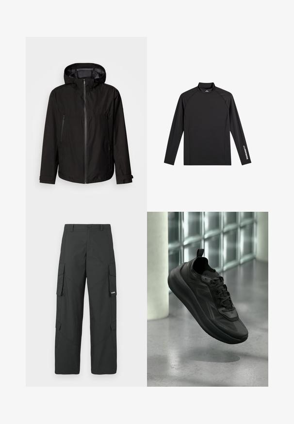 Schwarze leichte Jacke mit Kapuze, Reißverschluss, zwei Reißverschlusstaschen an den Seiten und verstellbaren Ärmelriemen. Glatte Textur, modernes Design.; Schwarzes Langarm-Sportoberteil mit Stehkragen, schlanker Passform und weißem "J.Lindeberg"-Logo am linken Ärmel und Kragen.; Schwarze gerade Cargo-Hosen mit seitlichen Klappentaschen, Druckknopfverschluss, Gürtelschlaufen und kleinem weißen Logo auf der Klappentasche rechts.; Schwarzer Calvin Klein Sneaker mit Schnürsenkeln, angehoben über einem polierten Betonboden, Glasblockwand und Säule im unscharfen Hintergrund.