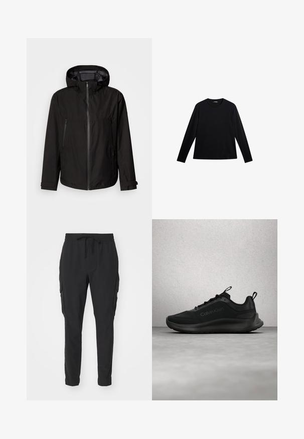 Sort letvægtsjakke med hætte, lynlås lukning, to lynlåslommer på siden og justerbare manchetter. Glat tekstur, moderne design.; Sort langærmet T-shirt lavet af glat stof, med rund hals og et diskret logo på fronten, i en afslappet pasform.; Sort cargo-bukser i letvægtsstof. Elastisk talje med snøre. Taperet ben-design og sidelommer. Glat tekstur.; Sort Calvin Klein-sneaker med snørebånd, svævende over en grå poleret gulv nær en glasblokvæg og en hvid søjle.