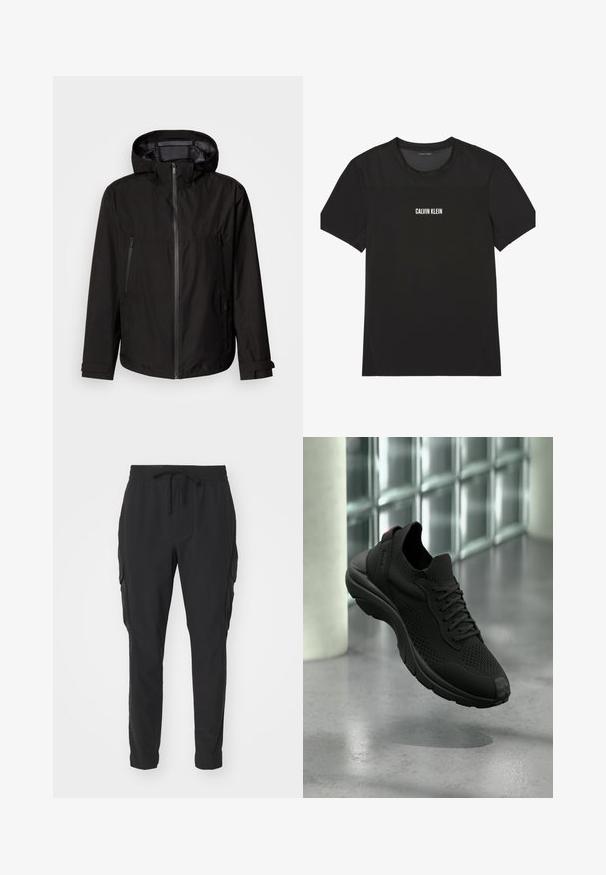 Sort letvægtsjakke med hætte, lynlås lukning, to lynlåslommer på siden og justerbare manchetter. Glat tekstur, moderne design.; Sort kortærmet atletisk T-shirt med mesh øverst på bryst og skuldre, med "Calvin Klein" logo centreret på fronten.; Sort cargo-bukser i letvægtsstof. Elastisk talje med snøre. Taperet ben-design og sidelommer. Glat tekstur.; Sort atletiksneaker med strikket overdel, snøredesign og polstret sål, der svæver over en poleret beton gulv nær glasskibs-vinduer.