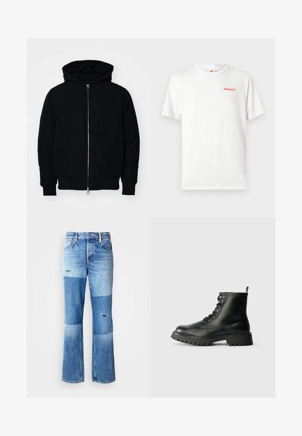 Veste à capuche noire avec fermeture éclair sur le devant, poche kangourou, poignets et ourlet côtelés, présentée sur un fond blanc uni.; T-shirt blanc à manches courtes avec col rond, petit logo Timberland orange sur la poitrine gauche, présenté sur un fond clair uni.; Jean évasé en denim bleu avec un design patchwork, présentant des nuances plus claires et plus foncées, des détails usés, et un style traditionnel à cinq poches.; Bottines en cuir noir avec un bout rond, six œillets pour les lacets, et une semelle épaisse et texturée avec des rainures profondes.