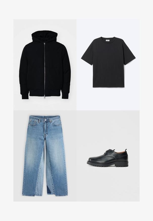 Veste à capuche noire avec fermeture éclair sur le devant, poche kangourou, poignets et ourlet côtelés, présentée sur un fond blanc uni.; T-shirt noir à manches courtes avec col rond, coupe décontractée, vue de face, design uni et étiquette de la marque Weekday visible à l’intérieur du col.; Jean droit en denim bleu avec un design classique à cinq poches et une fermeture à boutons à l'avant, présenté à plat sur un fond neutre.; Chaussures derby en cuir noir avec une texture lisse, bout rond, design à lacets et une semelle en caoutchouc épaisse et robuste.