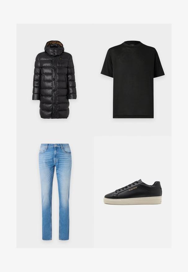 Manteau en duvet noir matelassé avec une capuche, présentant une texture brillante, une fermeture à boutons sur le devant et une doublure marron contrastante.; T-shirt noir à manches courtes avec un col montant, présentant une texture lisse et une légère brillance, fabriqué en tissu léger. Aucun logo visible.; Jeans en denim bleu clair avec une coupe droite, dotés d'un design classique à cinq poches, de surpiqûres contrastées et d'un léger effet délavé.; Sneaker en cuir noir avec une finition lisse, semelle crème contrastante, bout arrondi, logo doré sur le côté et six œillets pour les lacets.