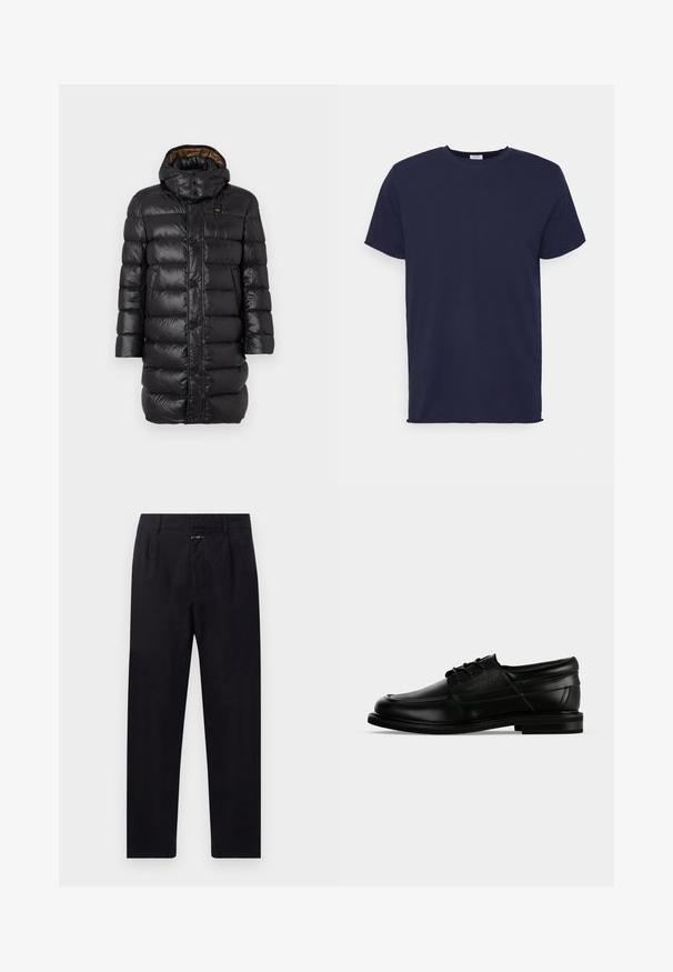 Manteau en duvet noir matelassé avec une capuche, présentant une texture brillante, une fermeture à boutons sur le devant et une doublure marron contrastante.; T-shirt bleu marine à manches courtes fabriqué en tissu doux. Présente un col rond et une coupe droite sans motifs ni accents.; Pantalon en coton noir avec une coupe droite, doté de plis à l'avant, de poches latérales et d'une fermeture éclair. Finition en tissu texturé.; Chaussure habillée pour homme en cuir noir avec lacets, talon bas et nom de marque embossé sur le côté, vue de profil sur fond blanc.