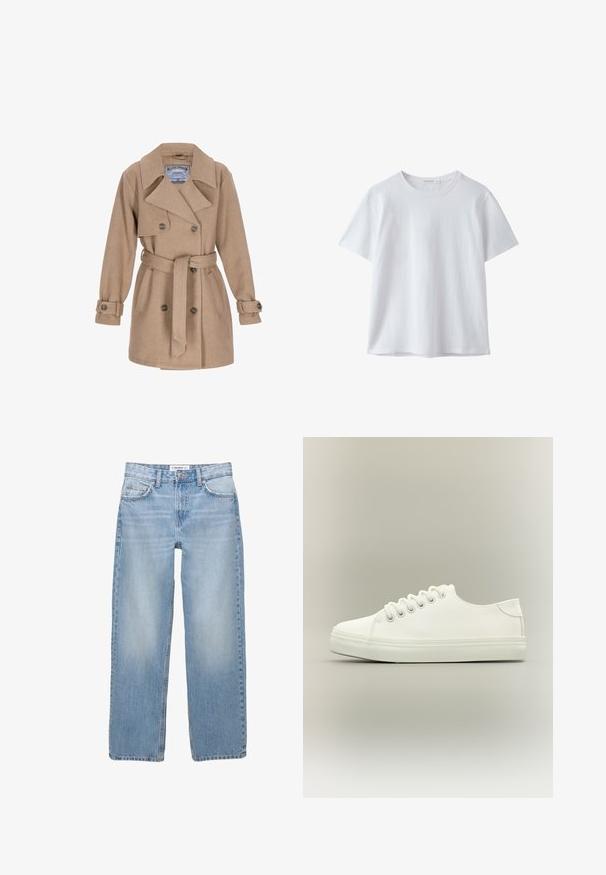 Manteau en mélange de laine beige avec un design croisé, un large col, une ceinture à la taille et des poignets boutonnés. Il possède deux poches latérales et une étiquette à l'intérieur.; T-shirt blanc uni à manches courtes et col rond, en tissu doux, présenté sur fond blanc.; Jean en denim bleu clair avec une coupe droite, style cinq poches et des détails de couture visibles. Le tissu a une texture douce et légèrement décolorée.; Baskets basses blanches avec lacets blancs et semelle en caoutchouc, vues de côté sur un fond neutre.