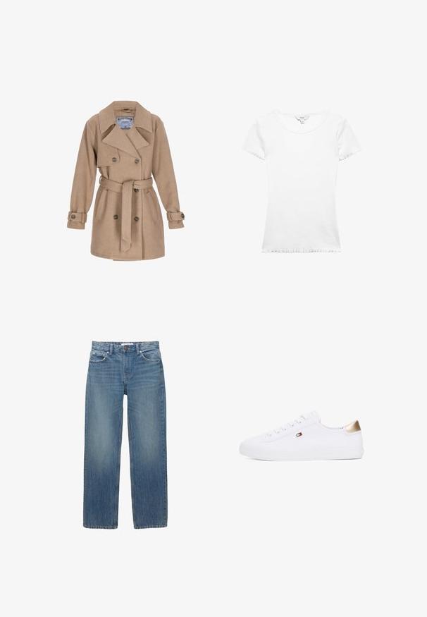 Manteau en mélange de laine beige avec un design croisé, un large col, une ceinture à la taille et des poignets boutonnés. Il possède deux poches latérales et une étiquette à l'intérieur.; T-shirt blanc cintré à manches courtes avec encolure ronde, ourlets à bords ondulés aux manches et en bas, présenté sur un fond uni.; Jeans en denim bleu clair à coupe droite, avec cinq poches et des éléments en métal de couleur cuivrée. Le tissu présente une légère décoloration et une texture douce.; Baskets blanches en toile avec bout rond, lacets à l'avant et un accent doré sur le talon. Présente un petit emblème sur le côté.