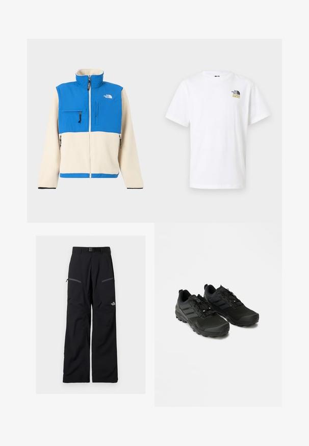 Μπλε και κρεμ fleece μπουφάν με ψηλό γιακά, φερμουάρ στο μπροστινό μέρος και τσέπη στο στήθος. Διαθέτει μαύρα φερμουάρ και λογότυπο στο πάνω αριστερό μέρος.; Λευκό T-shirt με κοντά μανίκια και στρογγυλή λαιμόκοψη, με μικρό μαύρο και χρυσό λογότυπο The North Face 1966 στο επάνω αριστερό μέρος του στήθους.; Μαύρο εξωτερικό παντελόνι με ρυθμιζόμενη ζώνη, δύο τσέπες με φερμουάρ στους μηρούς και το λογότυπο The North Face στο δεξί πόδι.; Μαύρα αθλητικά παπούτσια με υφή στην πάνω πλευρά, ανθεκτική καουτσούκ σόλα και διακριτικά ανακλαστικά στοιχεία; διαθέτουν σύστημα κορδονιών για ασφαλή εφαρμογή.