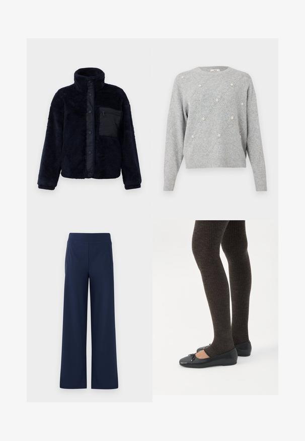 Marineblauwe fleece jas met een hoge kraag, drukknoopsluiting en een gestructureerd oppervlak. Beschikt over een zwarte ritszak op de linkerborst.; Lichtgrijze gebreide trui met een ruitpatroon en kleine witte parelachtige bloemversieringen aan de voorkant en op de mouwen, lange mouwen, ronde hals.; Marine wijdpijpenbroek met een elastische tailleband, een gladde textuur en twee zijzakken, ontworpen voor comfort en bewegingsvrijheid.; Benen met donkere geribbelde leggings gecombineerd met zwarte ballerina's met kleine strikdetails op een witte achtergrond.