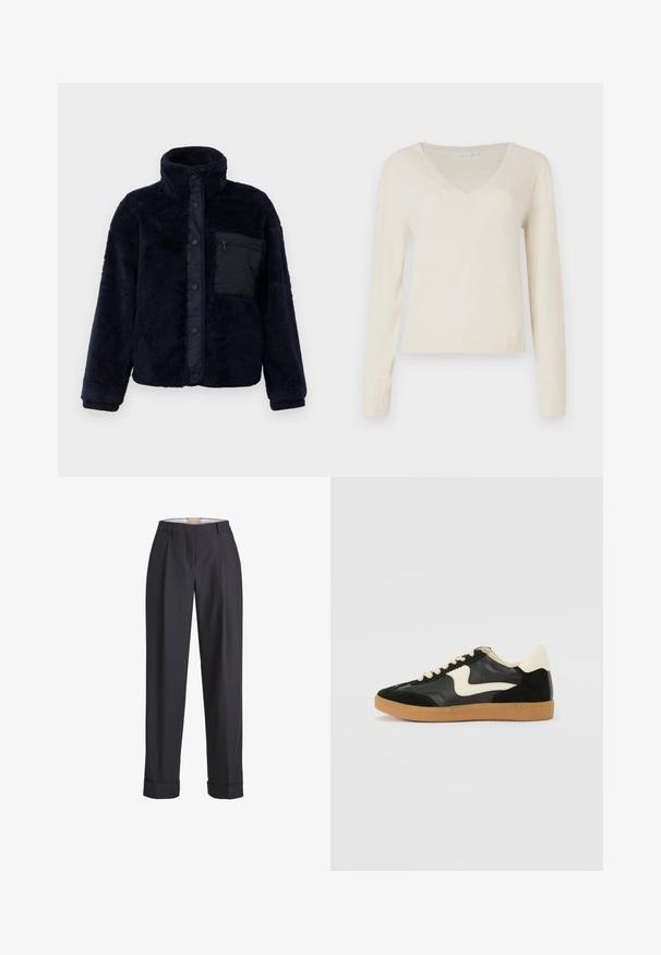 Marineblauwe fleece jas met een hoge kraag, drukknoopsluiting en een gestructureerd oppervlak. Beschikt over een zwarte ritszak op de linkerborst.; Crème-kleurige V-hals lange mouwen sweater met geribbelde manchetten en zoom, weergegeven tegen een effen witte achtergrond.; Donkergrijze broek van een gestructureerde stof, met een hoge taille, plooien en opgerolde manchetten aan de zoom.; Zwarte suède en leren sneaker met een crèmekleurige zij-swoosh en lichte crèmekleurige hiel. Voorzien van beige veters en een gumrubberen zool.