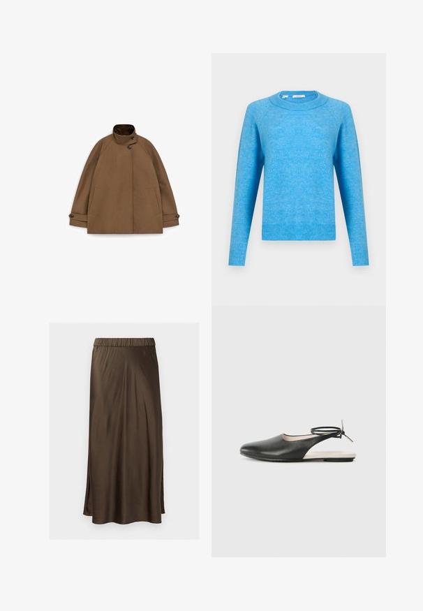 Manteau marron boutonné avec col montant, deux poches avant et poignets à boutons, posé à plat sur un fond blanc.; Pull bleu clair à col rond avec manches longues et poignets et ourlet côtelés, présenté sur fond blanc uni.; Jupe midi en satin marron avec une taille élastique, texture lisse et fentes latérales pour le mouvement. Silhouette A-line classique.; Chaussure en cuir noir avec un bout pointu et un talon ouvert, dotée d'une sangle à la cheville avec un accent métallique. Semelle plate ; design minimaliste.