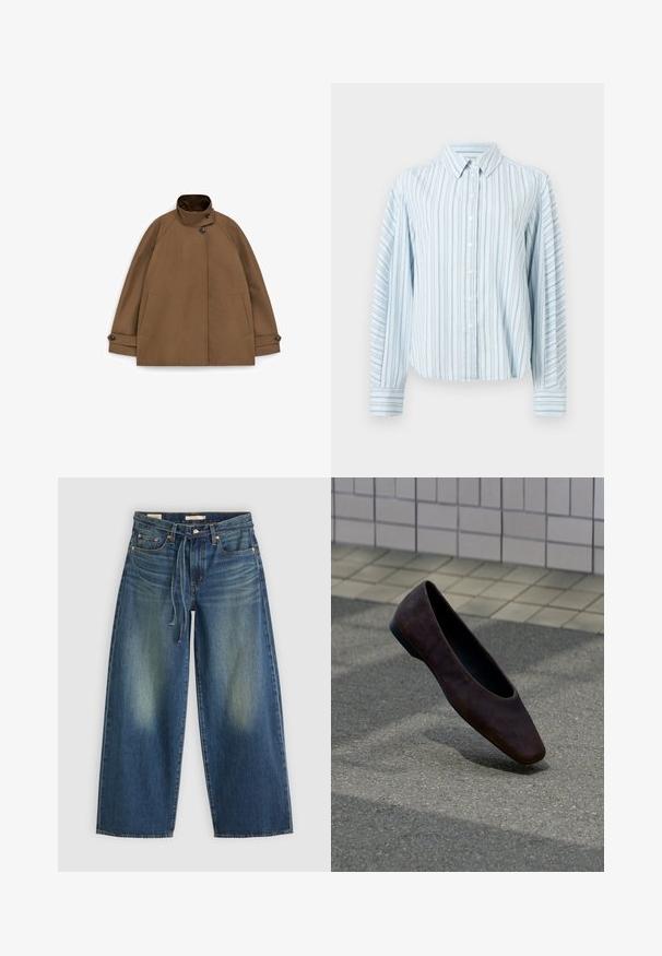 Manteau marron boutonné avec col montant, deux poches avant et poignets à boutons, posé à plat sur un fond blanc.; Chemise boutonnée bleu clair avec fines rayures verticales bleu marine et manches longues, dotée d'un col pointu et de poignets boutonnés.; Jean large en denim bleu foncé avec un design délavé, présentant une taille avec cordon de serrage et un style à cinq poches.; Chaussure plate marron foncé unique flottant au-dessus d'un sol texturé avec un mur carrelé en arrière-plan.
