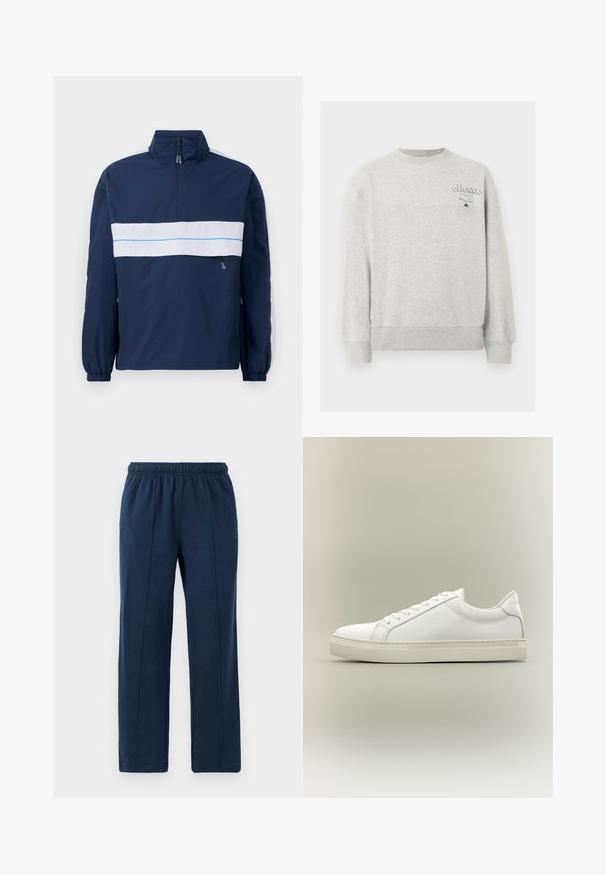 Mørkeblå pulloverjakke med højt krave, med en hvid vandret stripe og lyseblå detaljer hen over brystet. Elastiske manchetter.; Lysegrå crewneck-sweatshirt med lange ærmer og lille "ellesse Italia" logo på øverste venstre bryst.; Marineblå bukser med elastisk talje og afslappet pasform. Har vertikale syninger og blød bomuldsstruktur.; Hvid lavtop sneaker med snørebånd foran og tyk sål, vist fra siden mod en neutral baggrund.