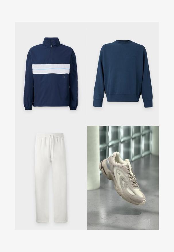 Marineblaues Pullover-Jackett mit hohem Kragen, ausgestattet mit einem weißen horizontalen Streifen und einem hellblauen Akzent über der Brust. Elastische Bündchen.; Marineblaues langärmliges Rundhals-Sweatshirt mit gerippten Bündchen und Saum, mit dezent gesticktem Markenlogo auf der linken Brustseite.; Weiße Jogginghose aus weichem Material, mit elastischem Bund und Kordelzug, geraden Beinen und ohne sichtbare Muster oder Akzente.; Hellbeiger Sneaker mit einem eleganten Design, strukturierten Überzügen, einer gepolsterten Sohle und einem durchsichtigen Abschnitt an der Seite.