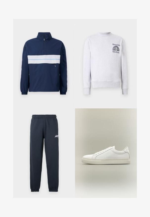 Mørkeblå pulloverjakke med højt krave, med en hvid vandret stripe og lyseblå detaljer hen over brystet. Elastiske manchetter.; Lys grå sweatshirt i bomuldsblanding, med rund halsudskæring, ribbede mansjetter og kant, samt broderet logo 'Ellesse 1959 Club di Corsa' på brystet.; Mørkegrå sweatpants med elastisk talje, indsnørede ben og et hvidt logo trykt på venstre lår. Blødt bomuldsblandingsmateriale.; Hvid lavtop sneaker med snørebånd foran og tyk sål, vist fra siden mod en neutral baggrund.