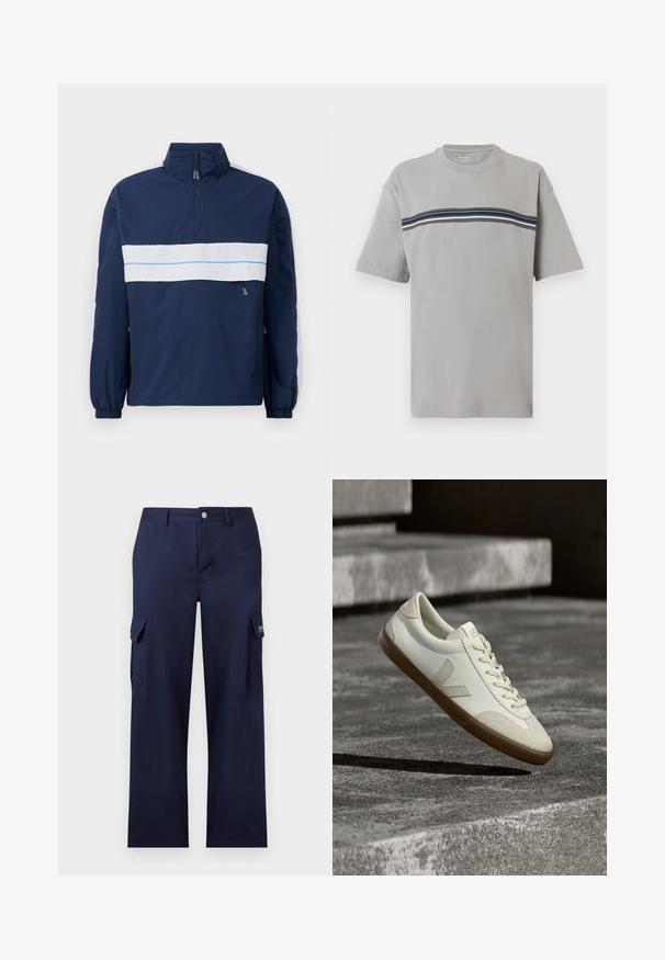 Mørkeblå pulloverjakke med højt krave, med en hvid vandret stripe og lyseblå detaljer hen over brystet. Elastiske manchetter.; Lysegrå T-shirt med korte ærmer og rund hals, med marineblå, hvide og sorte vandrette striber over brystet.; Marineblå cargobukser med rette ben, sidelommer med klap, bæltestropper samt lukning med knap og lynlås foran.; Hvide læder sneakers med tanfarvet gummisål, flade snørebånd og V-formet detalje på siden. Har en glat overflade og minimale syninger.