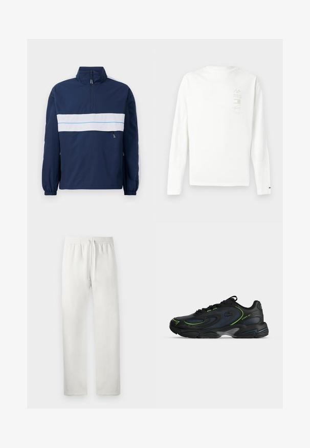 Veste à col montant bleu marine avec une rayure horizontale blanche et un accent bleu clair sur la poitrine. Poignets élastiques.; T-shirt en coton blanc à manches longues avec une petite impression graphique dans des couleurs subtiles sur le côté gauche de la poitrine et un logo sur l'ourlet de la manche.; Pantalons de sport blancs en tissu doux, dotés d'une taille élastique avec cordon de serrage, de jambes droites et sans motifs ni accents visibles.; Baskets noires et bleu marine avec des touches vertes, design à lacets et semelle épaisse, vue latérale avec le texte "STORM 2K" près du talon.