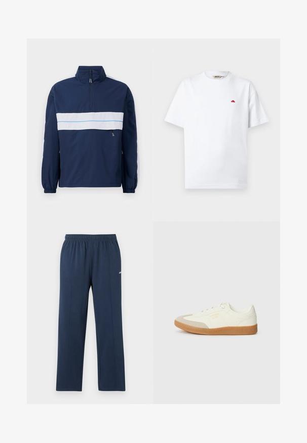 Mørkeblå pulloverjakke med højt krave, med en hvid vandret stripe og lyseblå detaljer hen over brystet. Elastiske manchetter.; Hvid T-shirt med korte ærmer og rund hals, med lille rødt logo på venstre bryst og mærke fra mærket indeni kraven.; Marineblå sweatpants med lige ben, elastisk talje og diskrete vertikale sømme, lille hvidt logo på øverste lår.; Sneaker lavet af hvid læder med en beige tåhætte og let brunt gummisål. Har flade hvide snørebånd og prægede branding på siden.